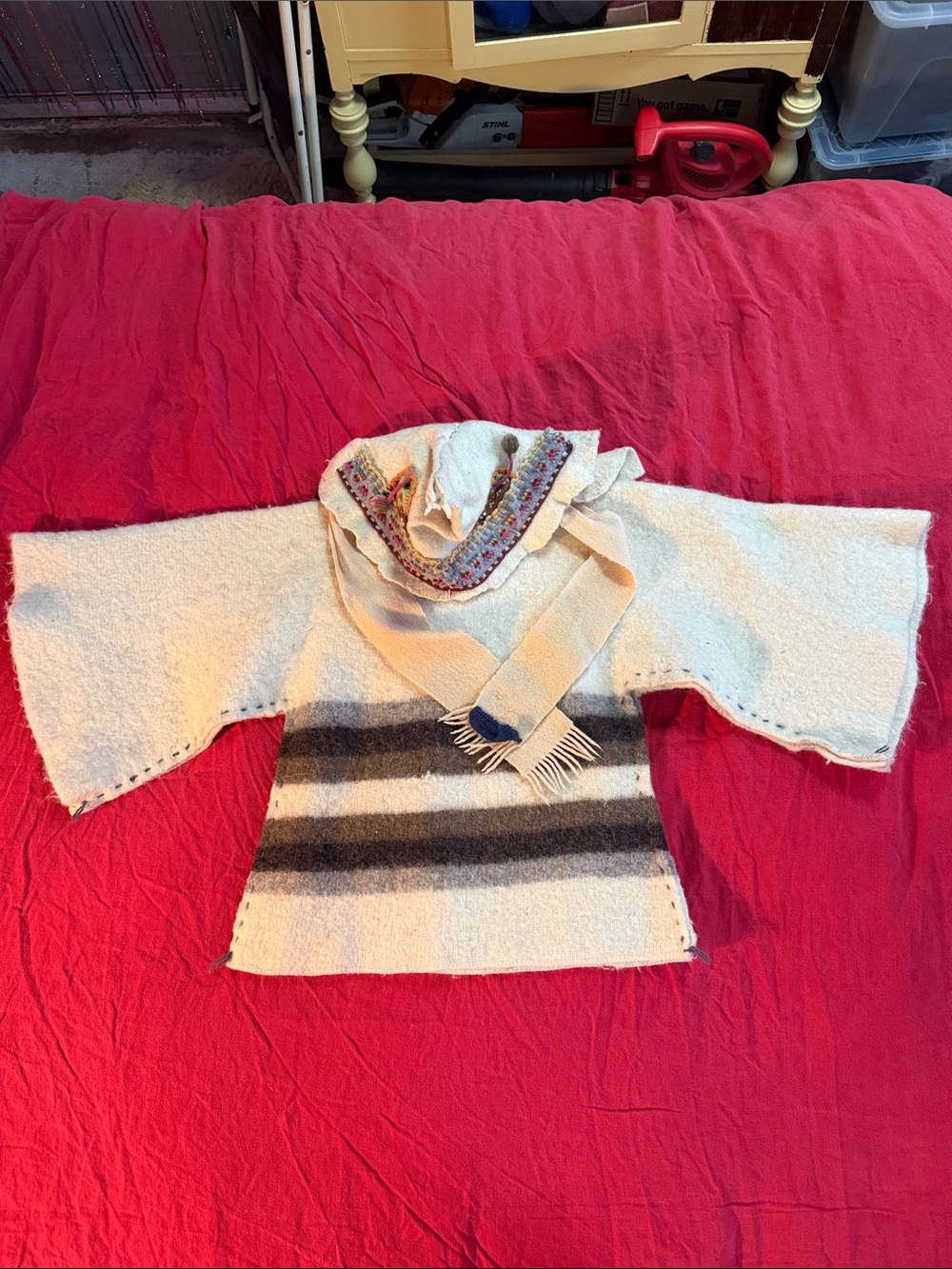 One of a kind hand made Cream and Brown Striped Hooded Poncho with Scarf